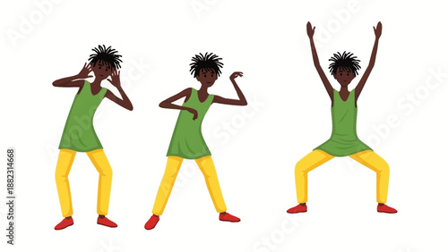 A young woman dancing in different poses, showcasing her energy and movement, captured in a simple illustration style.