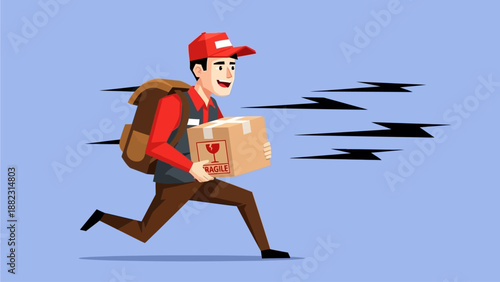 Delivery person in red uniform running with package in hand, conveying urgency and speed