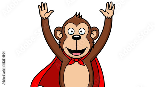 A cartoon monkey wearing a red cape stands triumphantly with arms raised in a joyful gesture