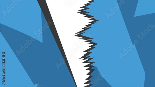 A digital artwork featuring jagged edges and abstract shapes in varying shades of blue, with a central white void, creating a sense of dynamic movement and tension from a direct viewpoint