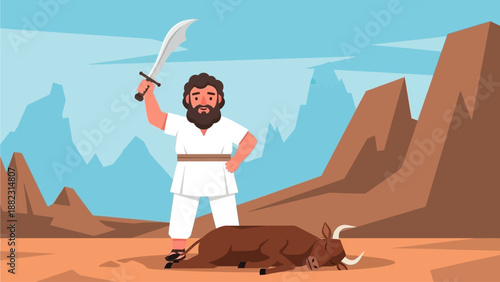 A victorious man standing over a defeated animal in a desert landscape with mountains and a clear blue sky