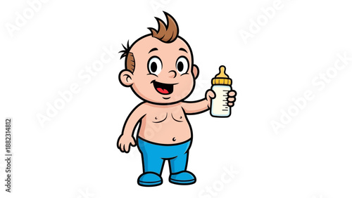 Happy cartoon baby boy holding a bottle in one hand and standing upright with a joyful expression