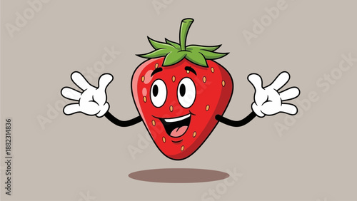 A cartoon strawberry character with outstretched arms and a smiling face is floating in mid-air with a shadow underneath