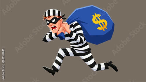 Cartoon burglar in black and white stripes running with large blue money bag