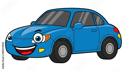 A cartoon car with a smiling face driving on the road in a city environment from a front viewpoint