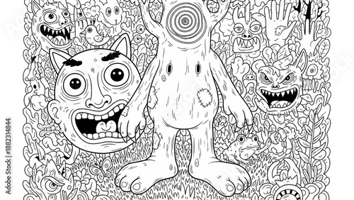 Surreal illustration of creature surrounded by abstract faces and patterns, steven reference evident, detailed black and white artwork