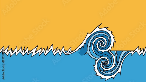 A large blue wave crashes against the shore with a vibrant yellow sky in the background, illustration