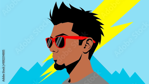 Illustration of a man wearing sunglasses with a bold lightning bolt behind him against a mountainous backdrop