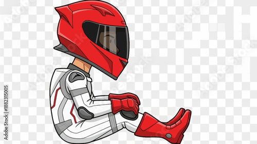 A cartoon character in a white and red racing suit sitting with a helmet on, viewed from the side.