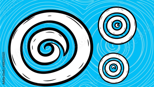 Spirals and concentric circles in a blue background with white swirls from a direct viewpoint, capturing an abstract illustration of steven