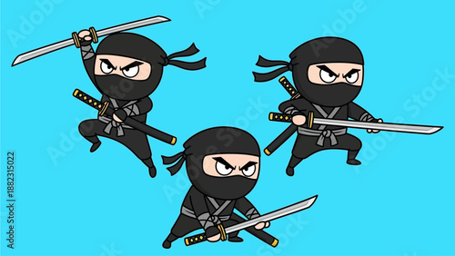 Three cartoon ninjas in dynamic poses, wielding swords, in a vibrant blue setting, viewed from a slight angle.
