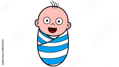 A happy baby wrapped in a blue and white striped blanket is being held tightly in a warm and cozy environment from a front viewpoint