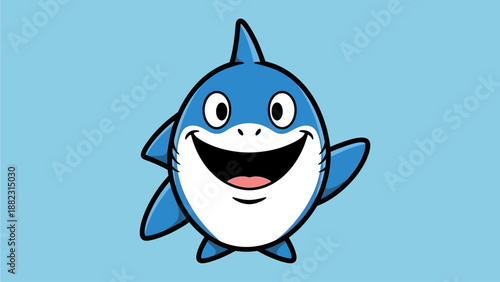 Smiling cartoon shark with fins up in a fun illustration on a blue background from a front view
