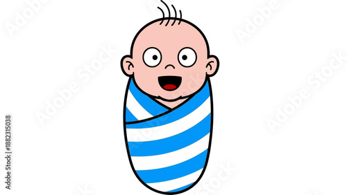 A baby wrapped in a blue striped blanket is seen from a front viewpoint in a simple illustration.