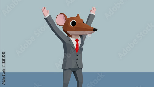 Man in gray suit and red tie with mouse head standing triumphantly with raised arms