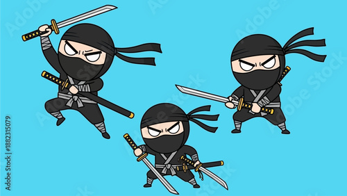 Three cartoon ninjas in dynamic poses, each wielding swords, depicted in a playful and stylized illustration