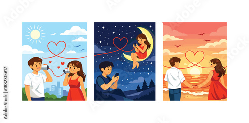 Long distance relationship flat icon set. featuring couple love, phone call, heart connection, sunset, night sky symbols
