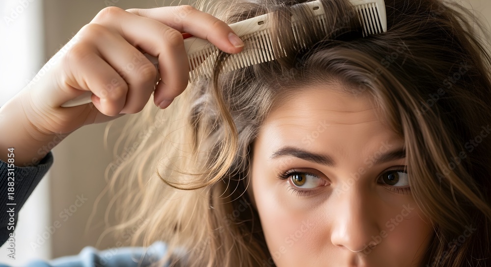 Naklejka premium woman combing her hair, IA generated
