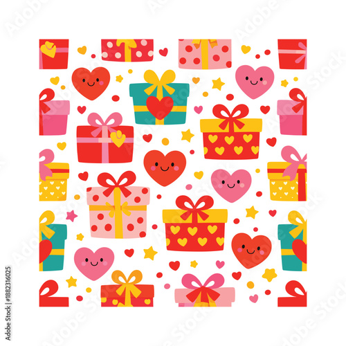 Gift and heart flat icon set. featuring gifts, hearts, stars, ribbons, and smiles