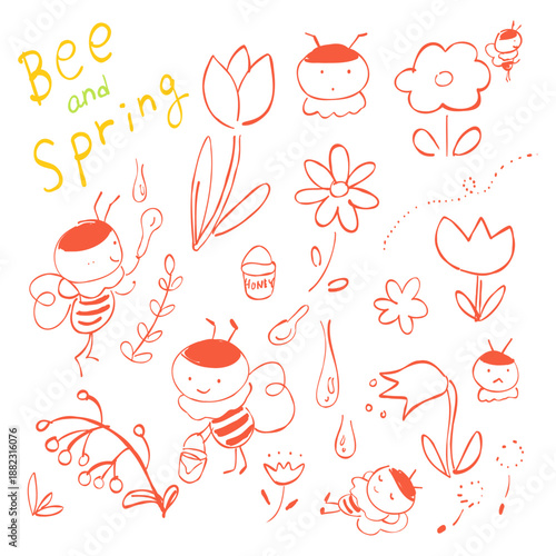 春の訪れを感じさせる可愛いミツバチのキャラクターとチューリップやマーガレットの花々が描かれた手書きイラストセット