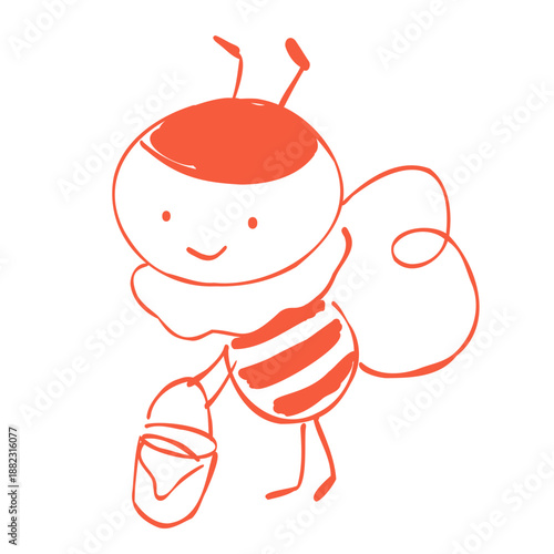はちみつの入ったバケツを運んで空を飛ぶ笑顔が可愛いミツバチのキャラクターの手書きイラスト