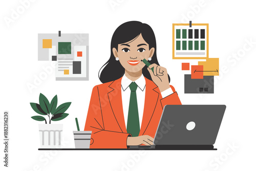 A smiling businesswoman sitting at her desk with a laptop and thinking about her work