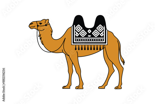 A cartoon camel with a traditional saddle stands on a plain white background.