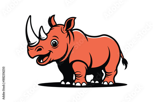 A cartoon rhinoceros with a happy expression stands on a plain background