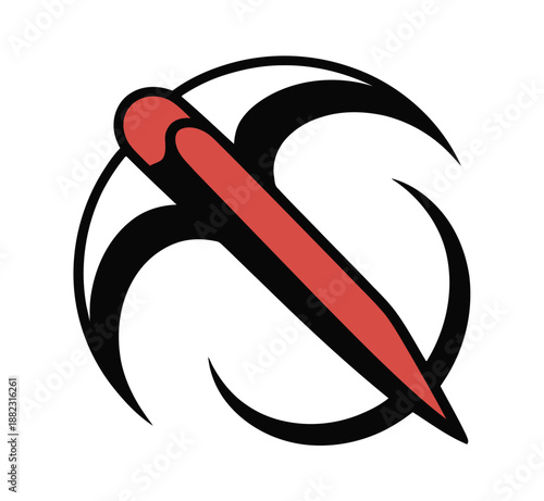 A stylized red pencil icon with a biohazard symbol on a white background