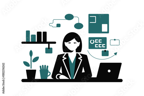 A woman working at her desk with a laptop and various office supplies