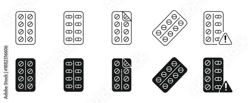 Blister Pack Pills Icon Set. Medication Tablets Packaging Symbols. Pharmacy Drug Pack, Capsule Strip, Medical Vector Illustration.