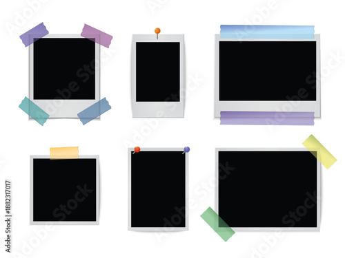 Polaroid Photo Frame and Photo Prints Set with Colorful Tape and Push Pins, Instant Picture Mockup Collection for Scrapbook, Memory Board, Poster and Social Media Design, Vector Illustration