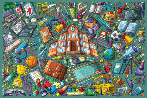 Massive Back to School Doodle Background. Colorful Hand Drawn Vector Illustration of School Building, Stationery, Sports Equipment, and Educational Icons