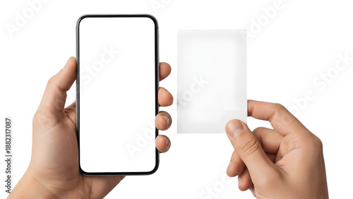 Hands holding smartphone with blank screen and blank card for mockup, isolated on transparent background PNG
