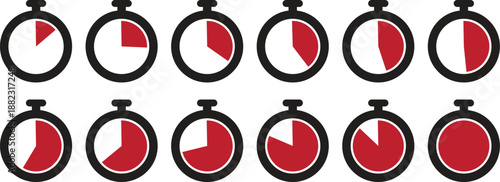 Clocks in various times red and black stopwatches time concept illustration