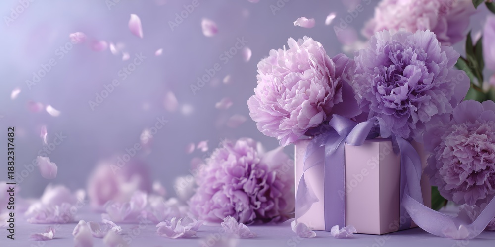 Naklejka premium Lavender gift box with ribbon and blooming peonies, perfect for Mother's Day and March 8 elegant greetings.