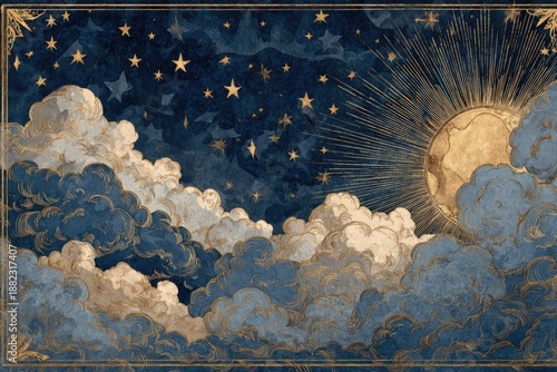 Celestial sky with golden sun, moon, and shimmering stars amidst clouds