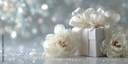 Elegant white gift box with silk ribbon and peonies, perfect for Mother’s Day and March 8 greetings.