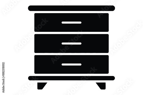 A simple black icon of a dresser with three drawers on a white background