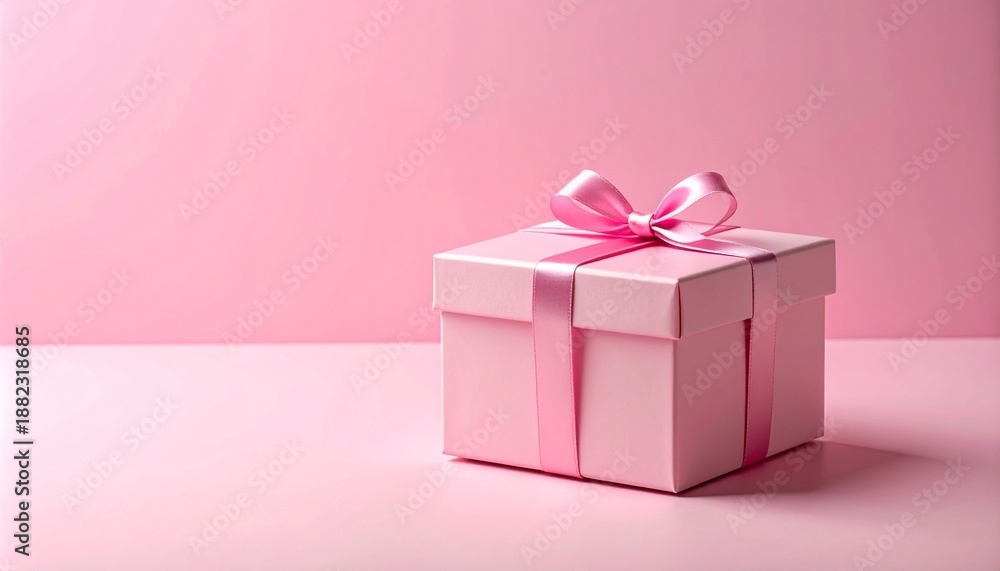 Obraz premium Pink gift box with ribbon on pastel pink background, romantic valentines day present, minimal banner with copy space