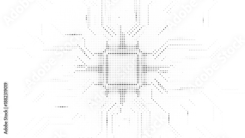 Symmetrical Black Halftone CPU Microchip Pattern with Digital Circuit Pathways for Hardware Engineering and Tech Background Design Vector Illustration