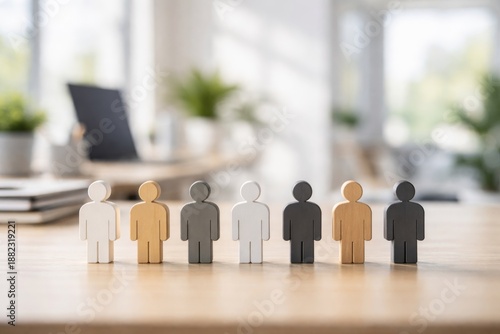 A diverse group of wooden figurines representing various roles and backgrounds, set against a bright office environment.