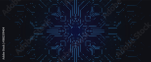 Deep blue digital technology background with symmetric square pixels and glowing circuit patterns for futuristic data network Vector Illustration