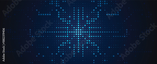 Futuristic blue digital tunnel background with square pixels and bright center light for speed and data transmission Vector Illustration