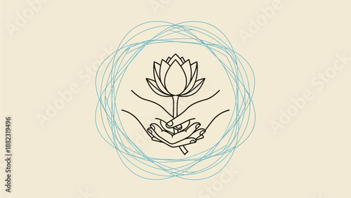 Minimalist line art of hands cradling a lotus flower with blue circular design
