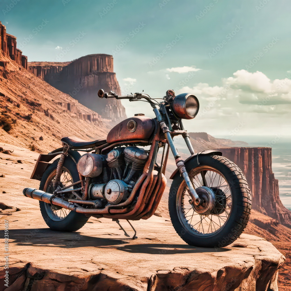 Obraz premium Vintage Motorcycle on Desert Cliff with Scenic Mesas