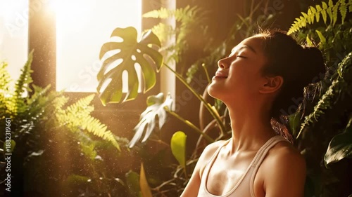 Young Asian Woman Meditating in Sunlit Indoor Garden Oasis
