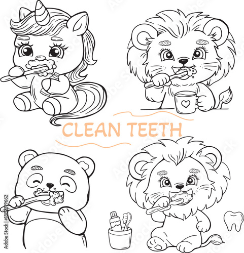 Cute animals brushing teeth line art set, kids dental hygiene illustration