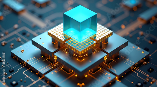 Futuristic data cube on advanced circuit platform, cutting edge semiconductor technology for ai computing, cloud processing, digital infrastructure, and next generation hardware systems