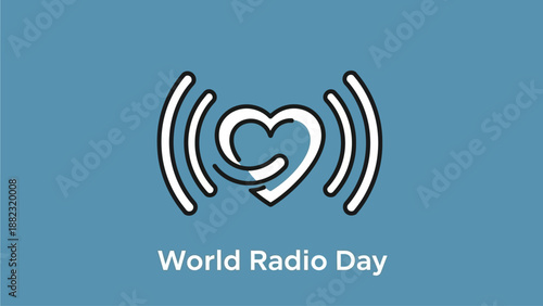 World Radio Day logo with heart and sound waves on blue background